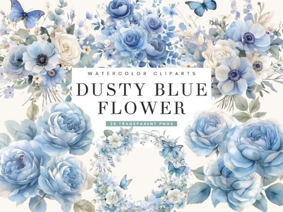 Download Dusty Blue Flower Clipart Bundle - Blue Collection
