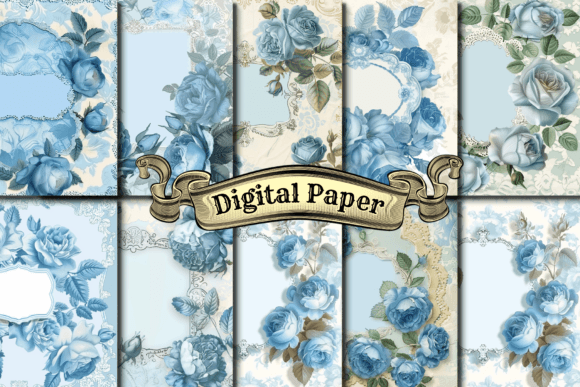 Download Vintage Blue Rose Digital Paper - Blue Collection