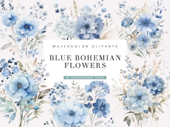 Download Watercolor Blue Bohemian Flower Clipart - Blue Collection