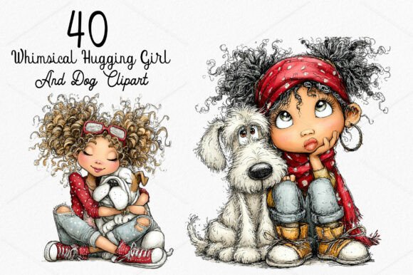 Download Whimsical Hugging Girl and Dog Clipart - Premium Resources