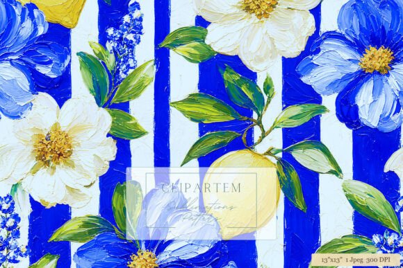 Download Blue Stripe Floral Lemon Pattern Oil Art - Blue Collection